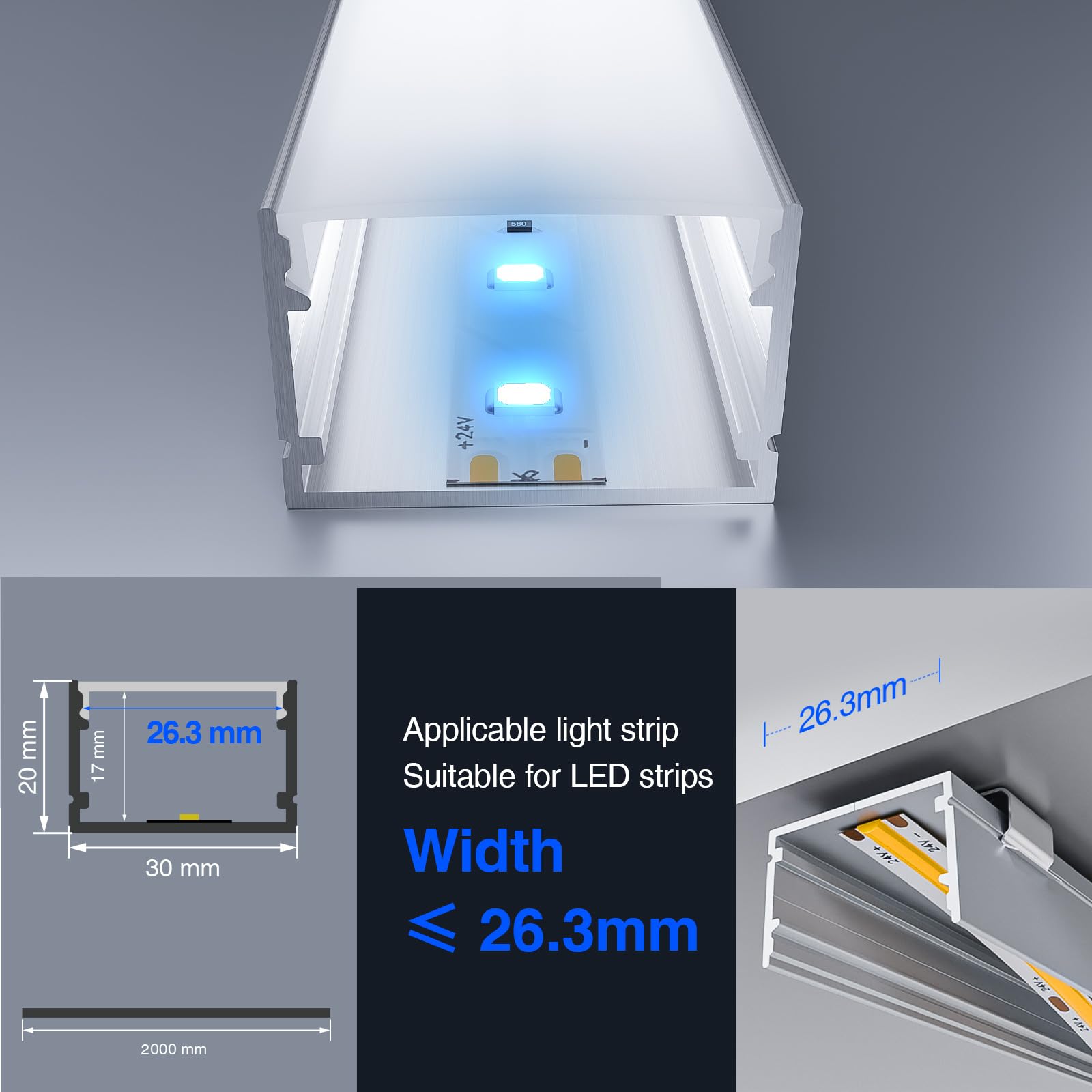 LUSLUX 2 m aluminiowy profil LED w kształcie litery U, 20 kanałów LED do taśm świetlnych, z mlecznym dyfuzorem zaślepkami i klipsami do projektów oświetlenia LED DIY (SP37)