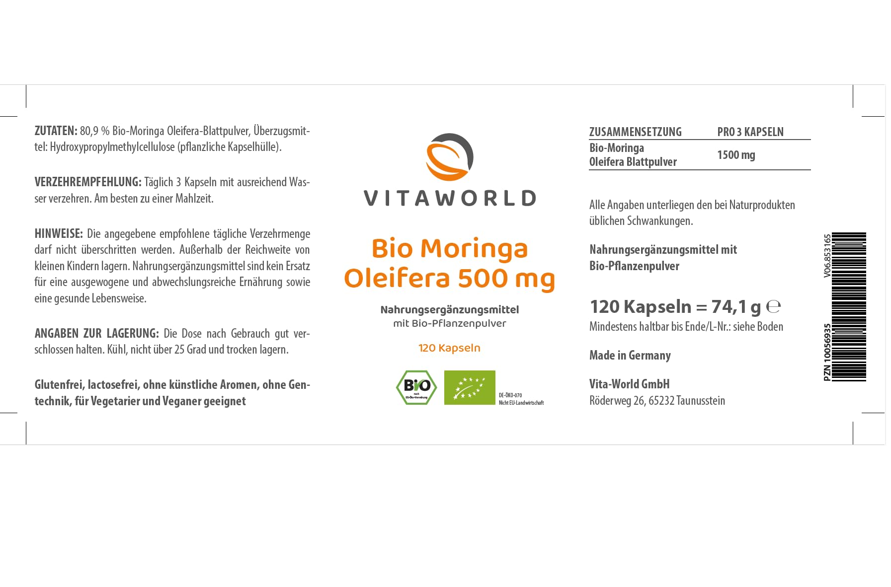 3er Pack Vita World Bio Moringa Oleifera 500mg 3 x 120 Kapseln Apotheker-Herstellung