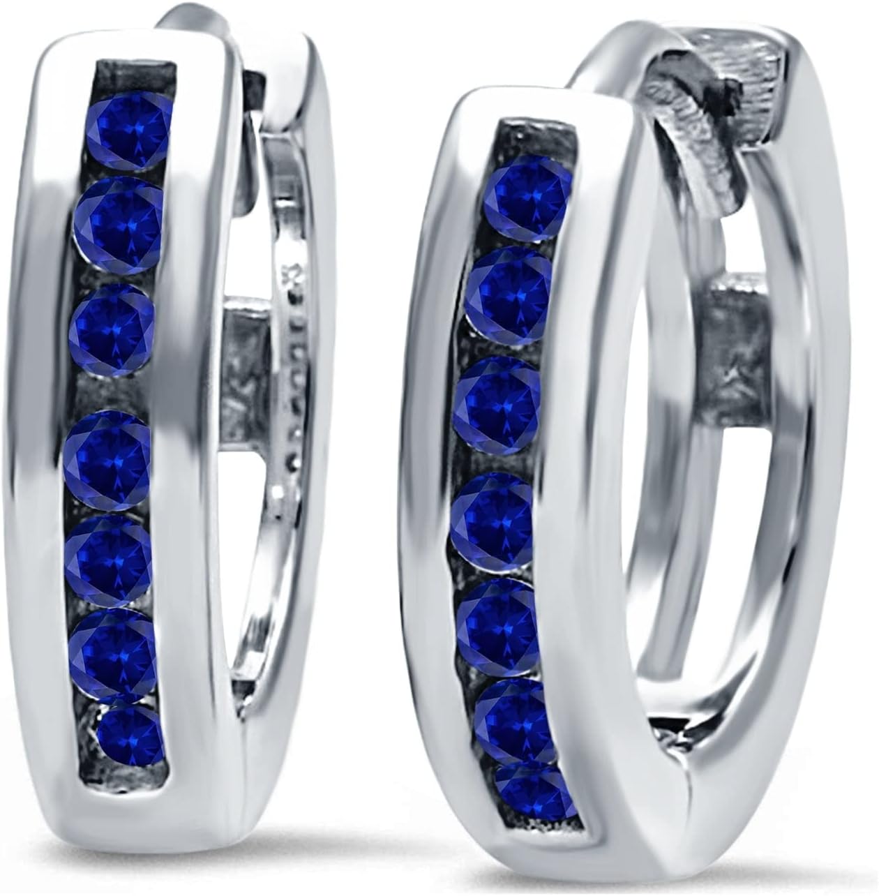 Simulated Blue Sapphire Cubic Zirconia Half Eternity Hoop Earrings Round 925 Sterling Silver