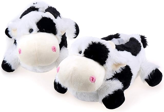 Onmygogo Ladies Novelty Slippers Black Cow Furry Animal Slippers for Women and Men