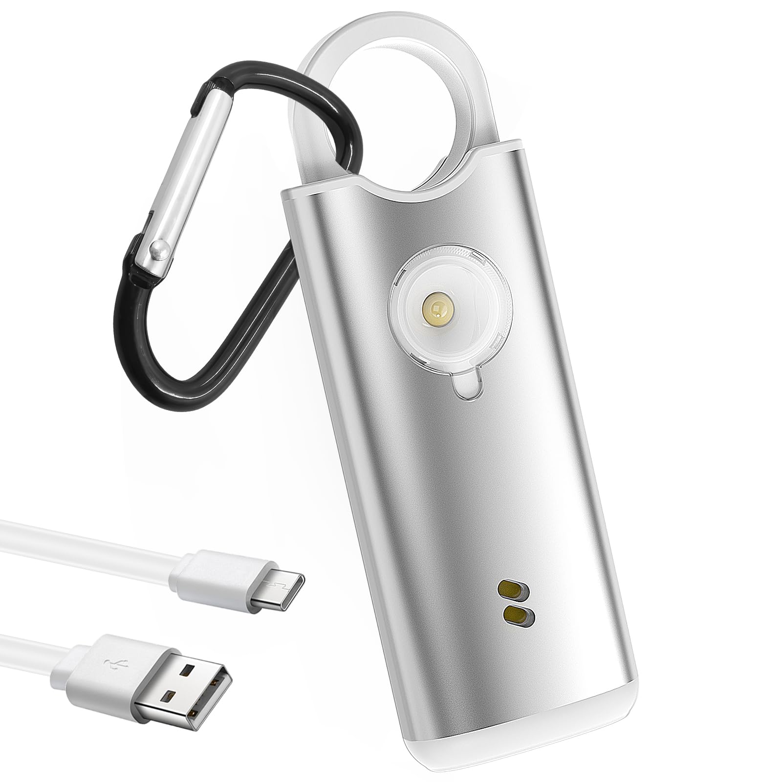 Qoosea Alarma de Seguridad Personal Recargable con Mosquetón - 135dB, Sensor de Vibración, Luz Estroboscópica & Botón de Emergencia para Viajeros de Negocios, Mochileros, Mujeres, Hombres