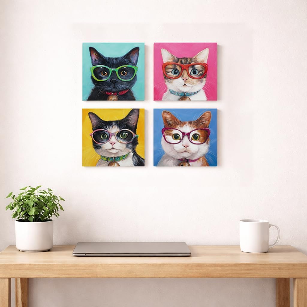 Artiluxy Cute Cat Canvas Wall Art Set of 4, 12x16 Inch Colorful Cat Portrait Prints with Glasses, Funny Pet Wall Decor for Living Room Bedroom, Ready to Hang (Green B)