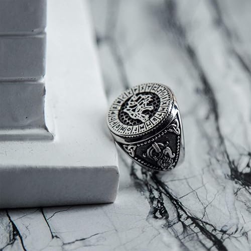 Miniatura 4 de Anillo de Fenrir con cabeza de lobo vikingo, para hombre, estilo vintage, de acero inoxidable, con Odín nórdico en relieve, amuleto pagano, tamaño