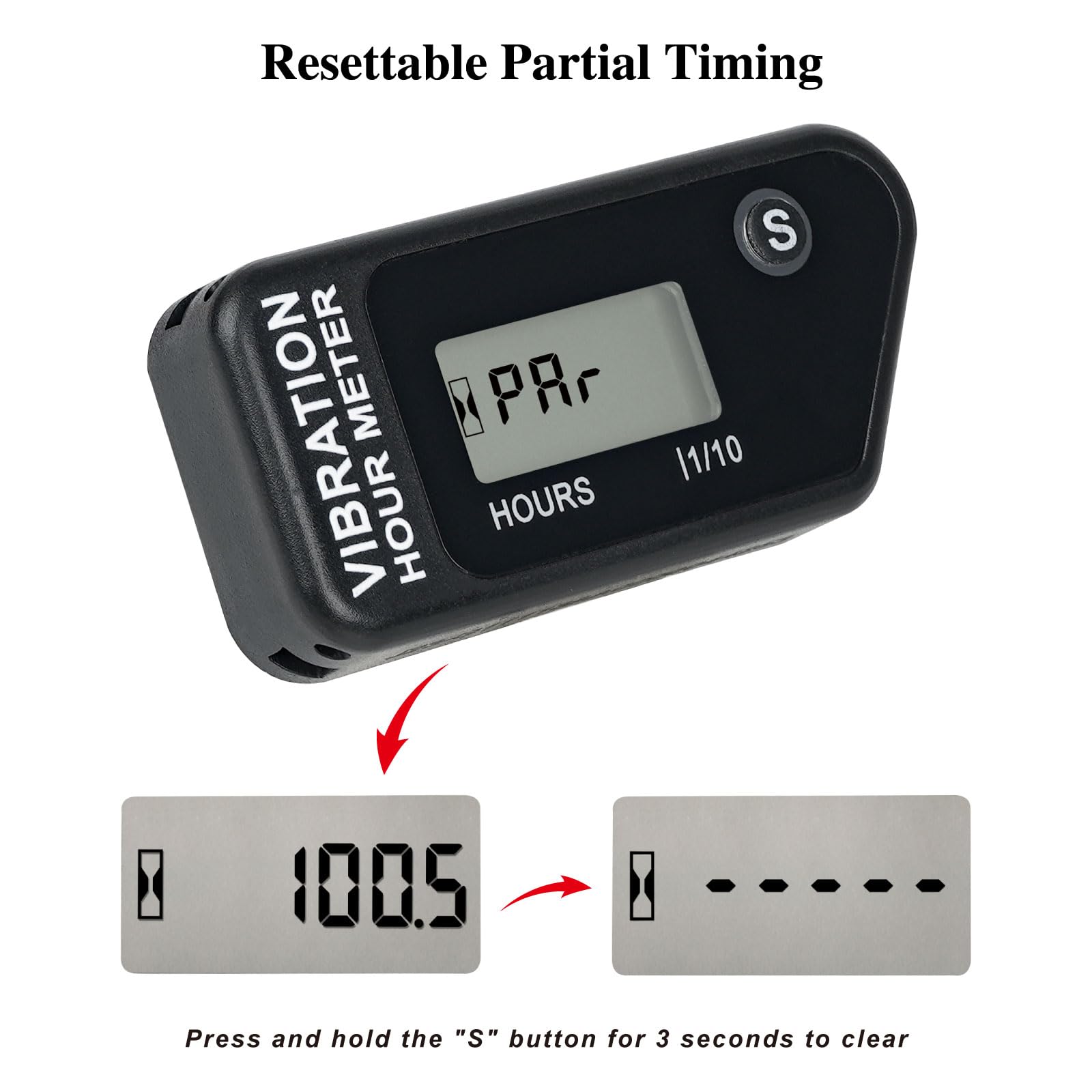 Jayron LCD Compteur horaire à vibrations étanche IP68, tondeuse, noir | Autoalimenté, sans câblage, total non réinitialisable, TMR réinitialisable, 3 sensibilités, verrouillage de transport