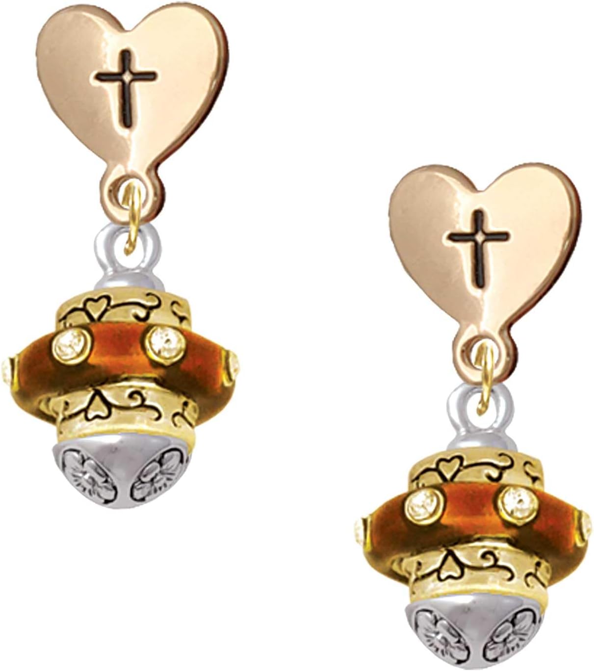 Delight Jewelry Goldtone Translucent Brown Center with Clear Crystals Spinner Cross in Heart Post Dangle Earrings