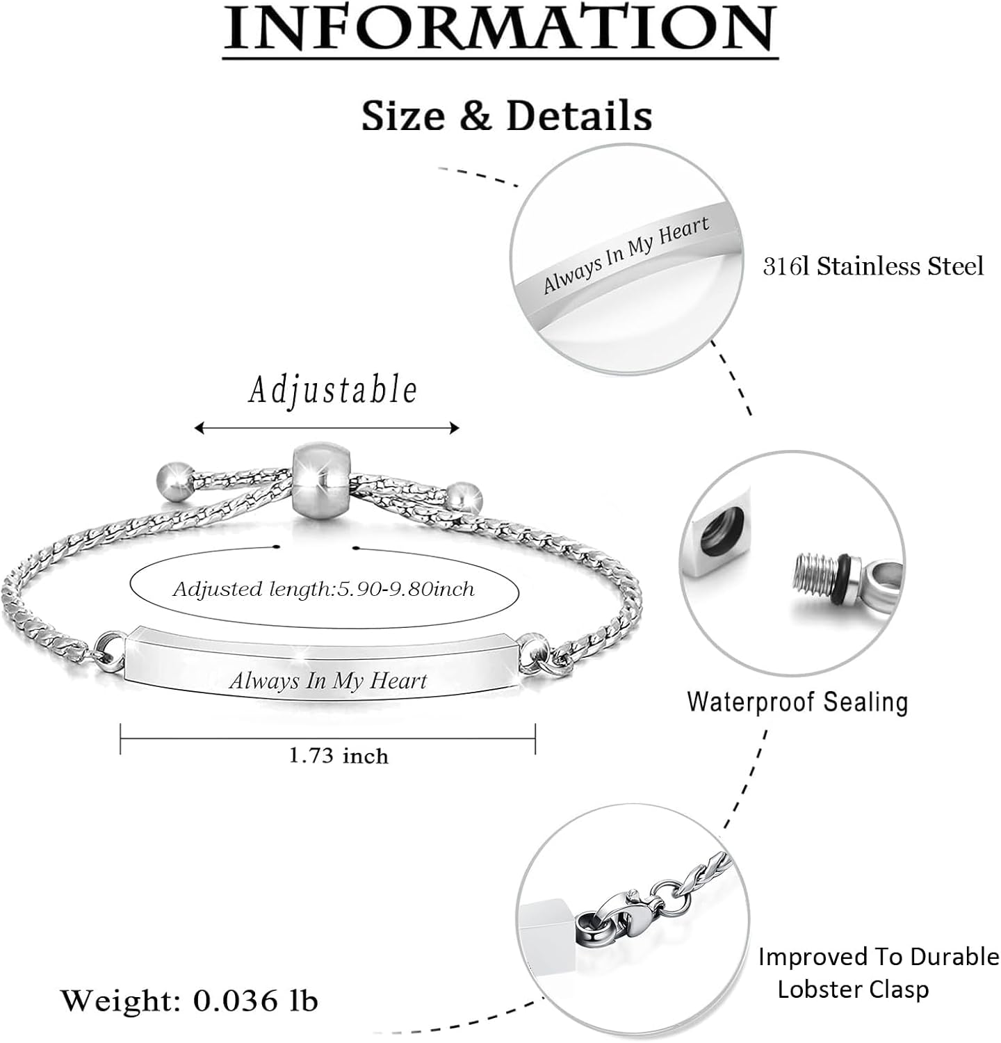 zeqingjw Heart Cremation Bracelet for Ashes Stainless Steel Urn Bangles for Ashes Memorial Keepsake Cremation Memorial Urn Bracelet - Adjustable,Free Fill Kit - Image 2