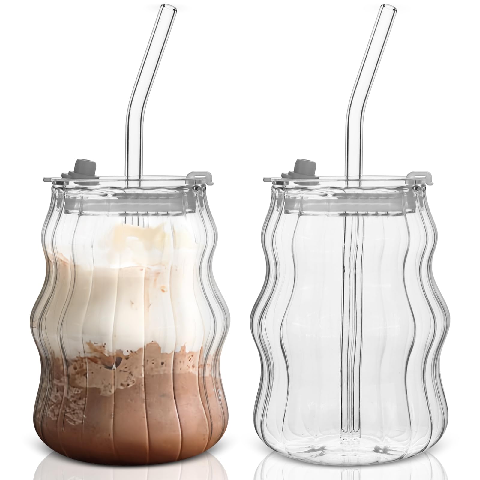 Wieat 530ML Ribbed Glass Cups with Lids and Straws, Glass Coffee Mugs, Glasses for Iced Coffee, Wavy Cups with Straws, Clear Bubble Ribbed Glasses