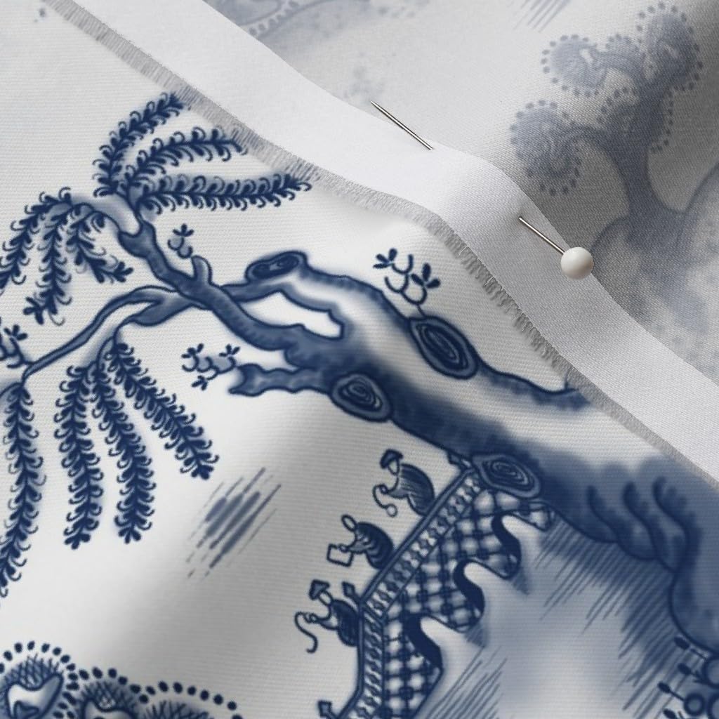 Spoonflower Fabric - Blue, Willow, Toile, Temple, Trees, Bird, Garden, Asian, China, Japan, Printed on Organic Cotton Sateen Fabric by The Yard - Sewing Quilting Apparel Home Decor