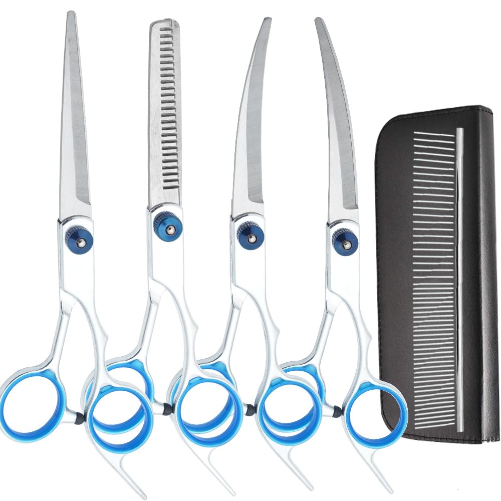 Pet Grooming Scissor Set, Stainless Steel Straight, Curved and Thinning Shears with Comb, 17cm