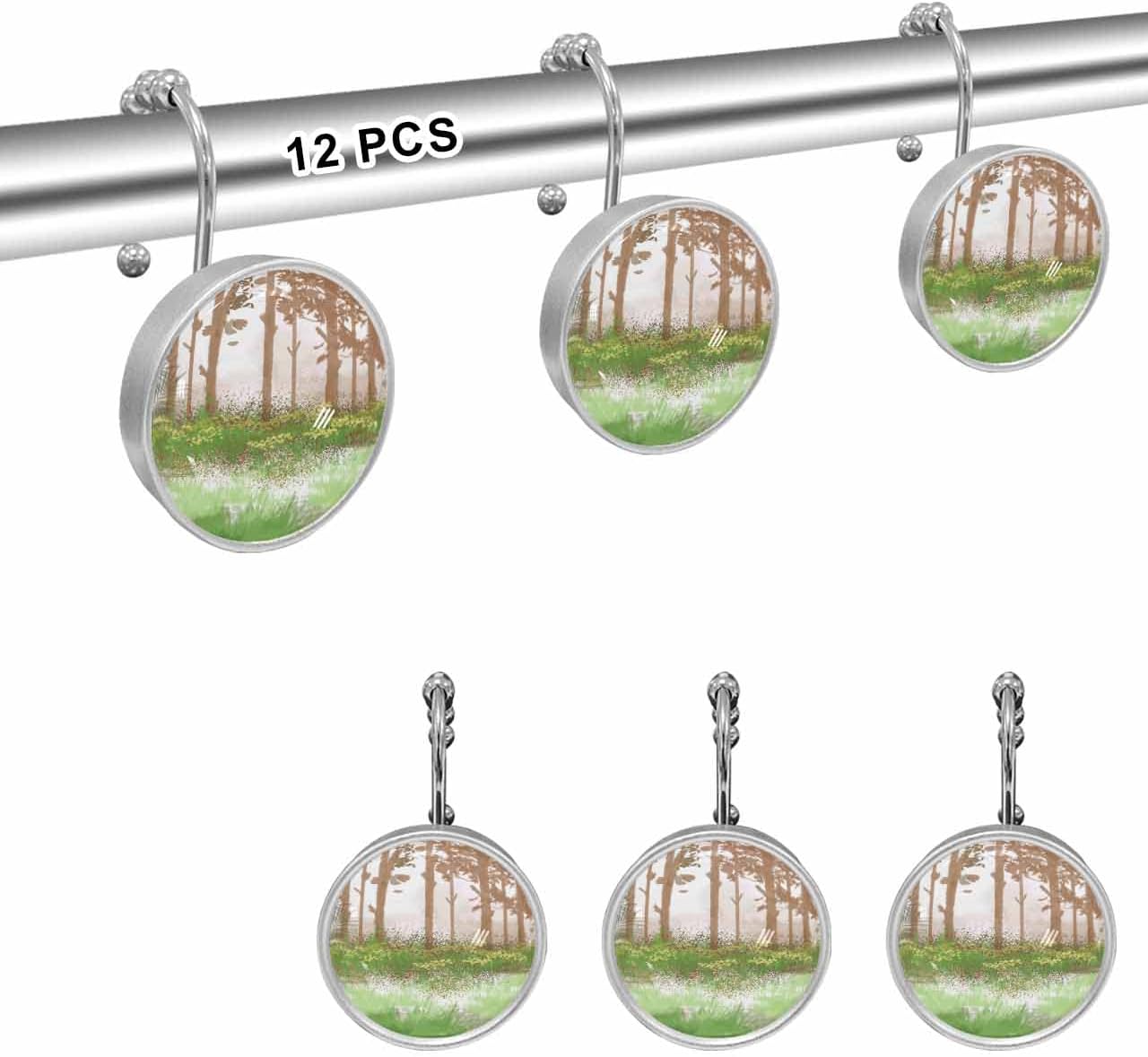 Shower Curtain Hooks 12 Pcs, Tree Silhouette Brown Green Grass Abstract Stainless Steel Rust Proof Rolling Shower Curtain Rings, Decorative Shower Curtain Hooks Hangers for Bathroom, Bath Ball