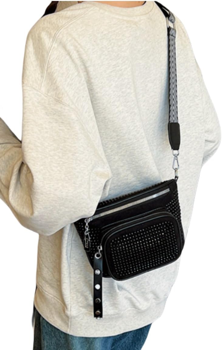IAMUHI Women Vegan Leather Cross Chest Bag Rivets Fringed Shoulder Handbag Purse Waist Bag