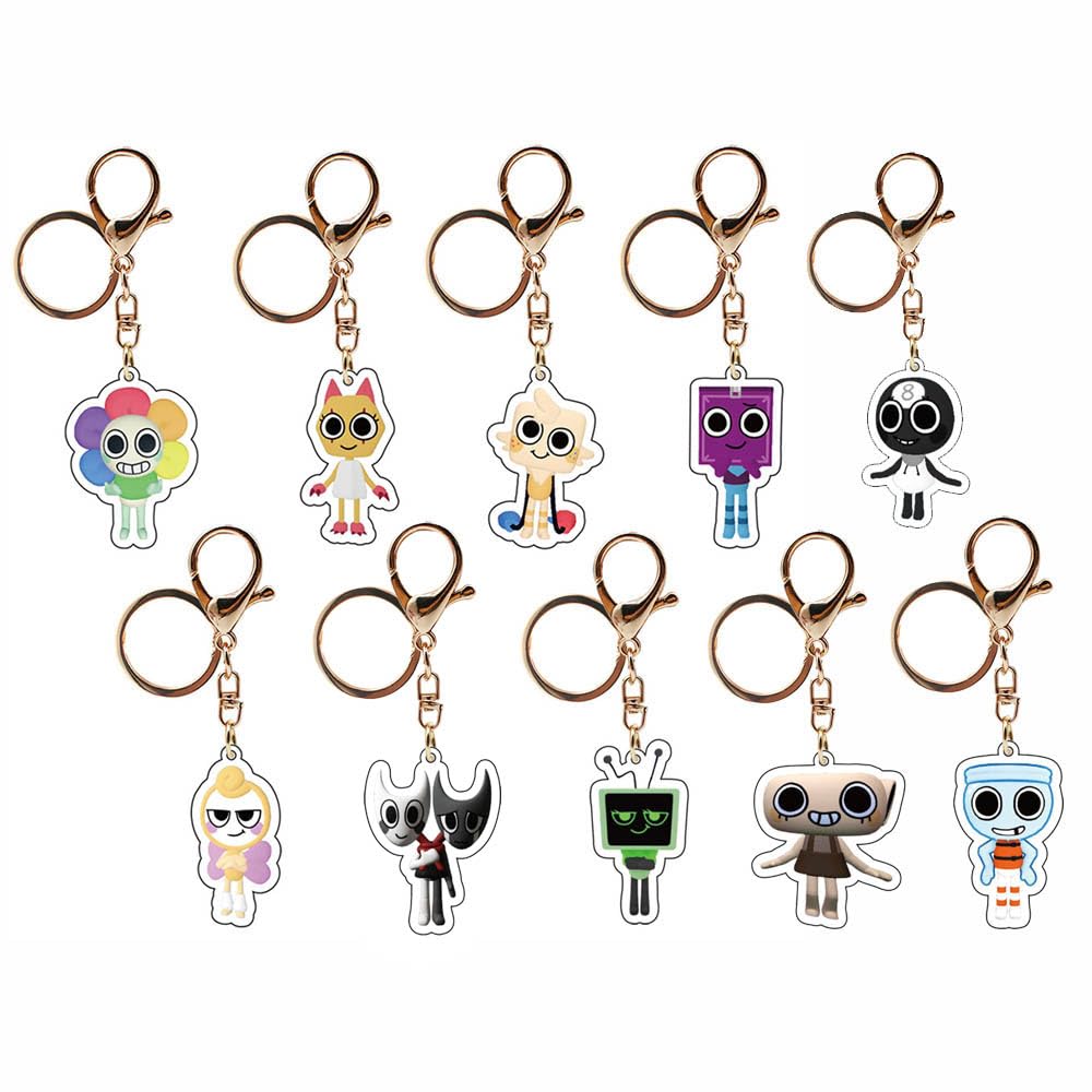 JUSONGKWCP 10 Pcs World for Dandys Keychain Game Figure Vee Goob Keyring Pendant Cute Acrylic Chain Decor Dandy Worlds Merch