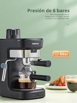 Reemix Manual Espresso Machine 6 Bar for Ground Coffee, Compact Coffee Maker with Steam Function and Milk Frother, Creamy Cappuccino, Cup Warmer, Glass Jug, Black