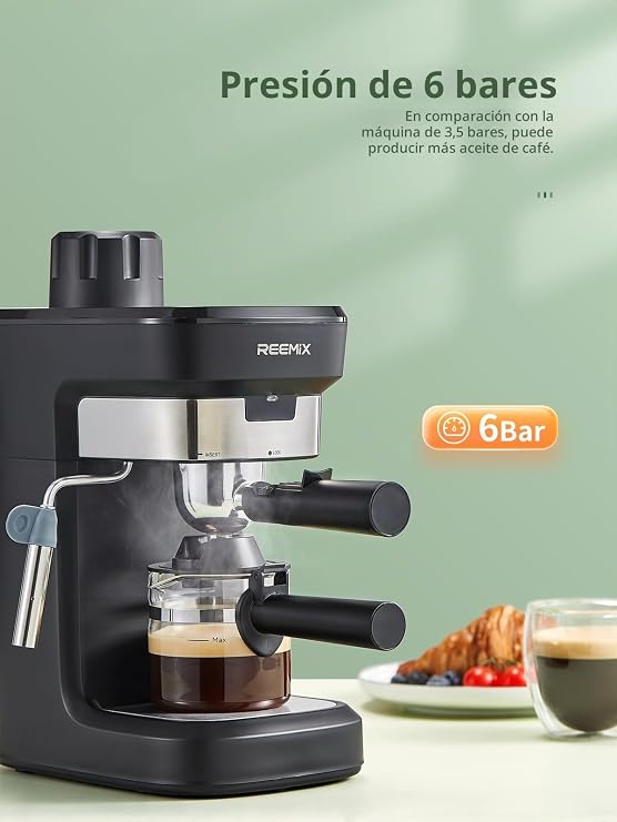 Reemix Manual Espresso Machine 6 Bar for Ground Coffee, Compact Coffee Maker with Steam Function and Milk Frother, Creamy Cappuccino, Cup Warmer, Glass Jug, Black