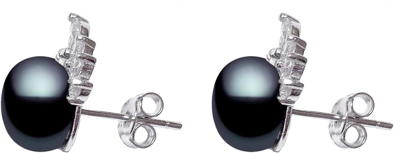 9-9.5mm Black Cultured Freshwater Pearl Earrings AAAA Quality Rhodium Plated Sterling Silver