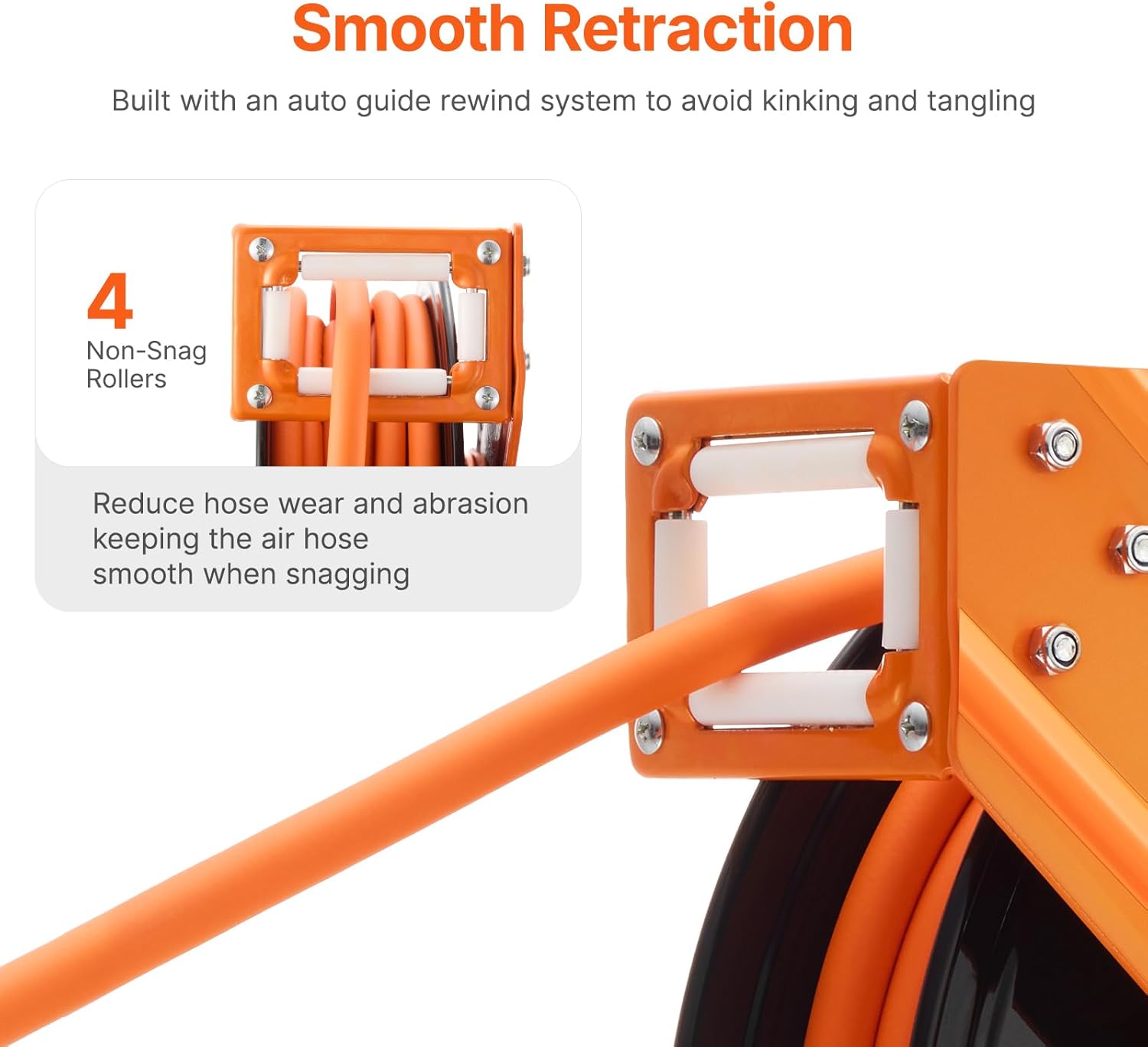 VEVOR Retractable Air Hose Reel, 3/8IN x 50FT Rubber Air Hose Max 300PSI, Air Compressor Hose Reel Auto-Rewind with 5FT Lead in, Ceiling/Wall Mount Heavy Duty Single Arm Reel & 180° Swivel Bracket - Image 4