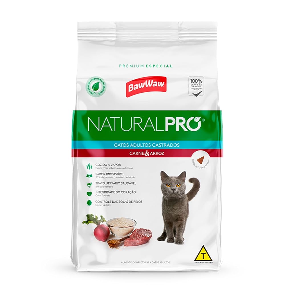 Ração Baw Waw Natural Pro para gatos castrados sabor Carne e Arroz -1kg