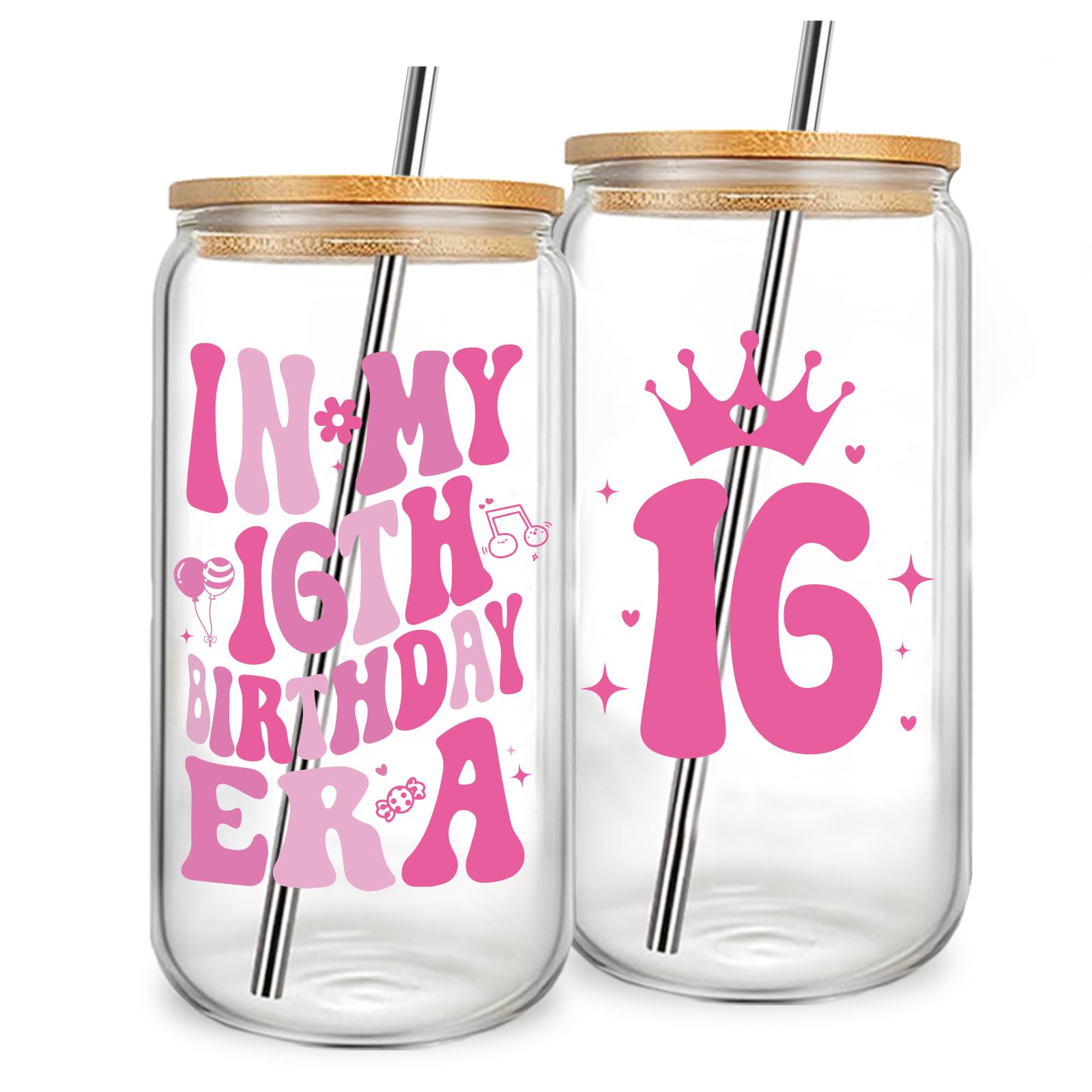 Jars Nova 16th Birthday Gifts for Girls｜Personalised Gifts for Women 16oz Glass Cups with Lids and Straws, Aesthetic Tumblers for Teens, Best Friend Sister Anniversary Glasses