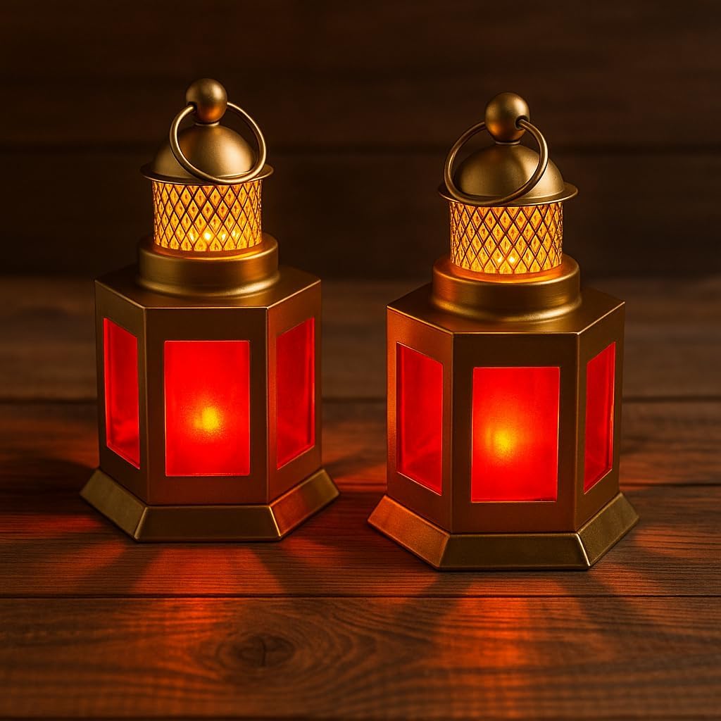 D4decor Moroccan Lantern Set, Gold with Red Glass, Decorative Tealight Candle Holders for Home, Festival, Diwali,Ramadan Decor, Indoor and Outdoor Use Candle Included (Gold & Red Pack of 2)-image-1