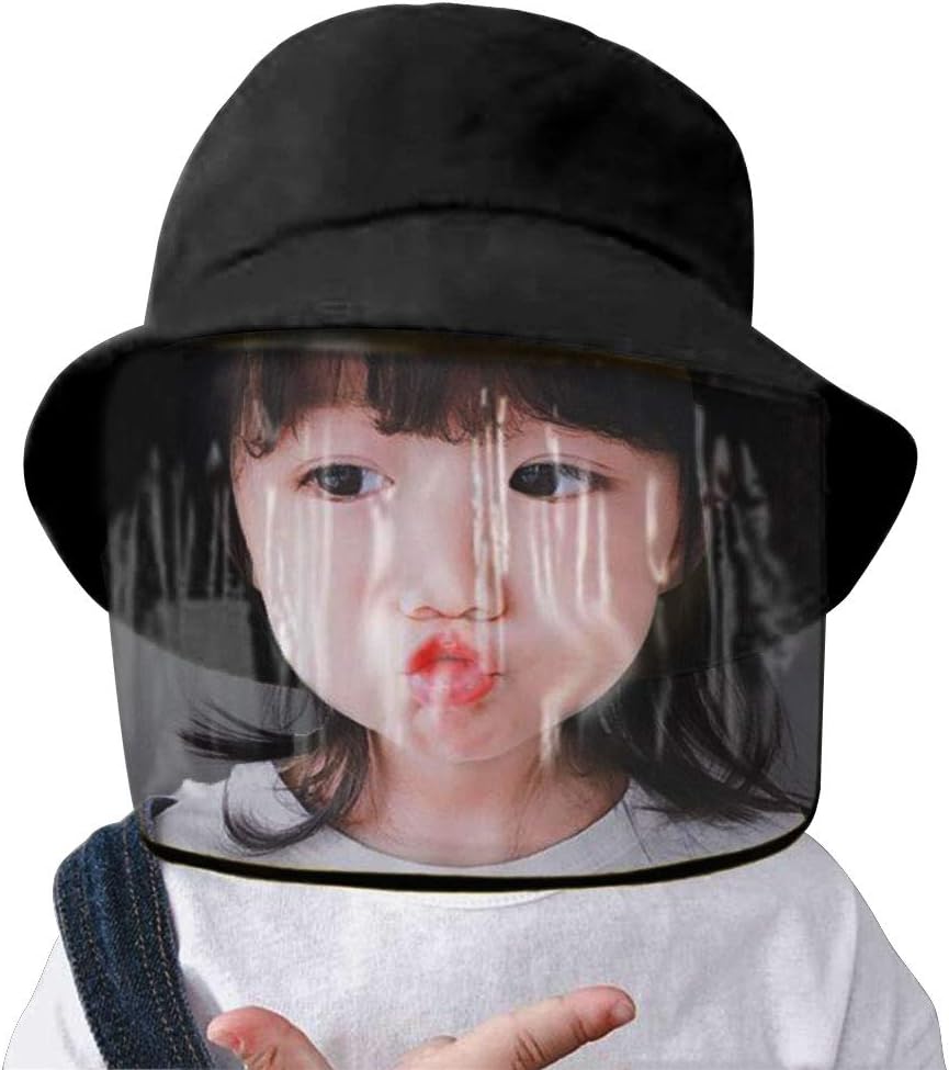 Kids Protective Face Shield Hat Face Mask Cap Anti-Saliva Hat Anti Pollution Bucket Hat Dustproof Splash Facial Cover Removable Dustproof Cover Fisherman Hat Boys Girls Cotton Sun Hat,Black