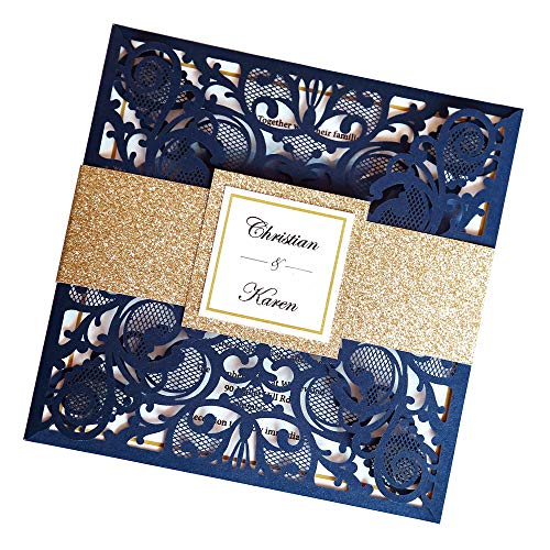 DreamBuilt 6.3 X 6.3 Inch 50PCS Personalized Navy Blue Laser Cut Wedding Invitations With Envelopes Kit And Gold Glitter Belly Band Invitation Cards
