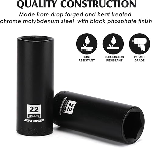 Miniatura 36 de MIXPOWER Enchufe de impacto profundo de 1/2", CR-MO, 1.417 in, métrico, 6 puntos, tuerca de eje de grado de impacto para una fácil extracción