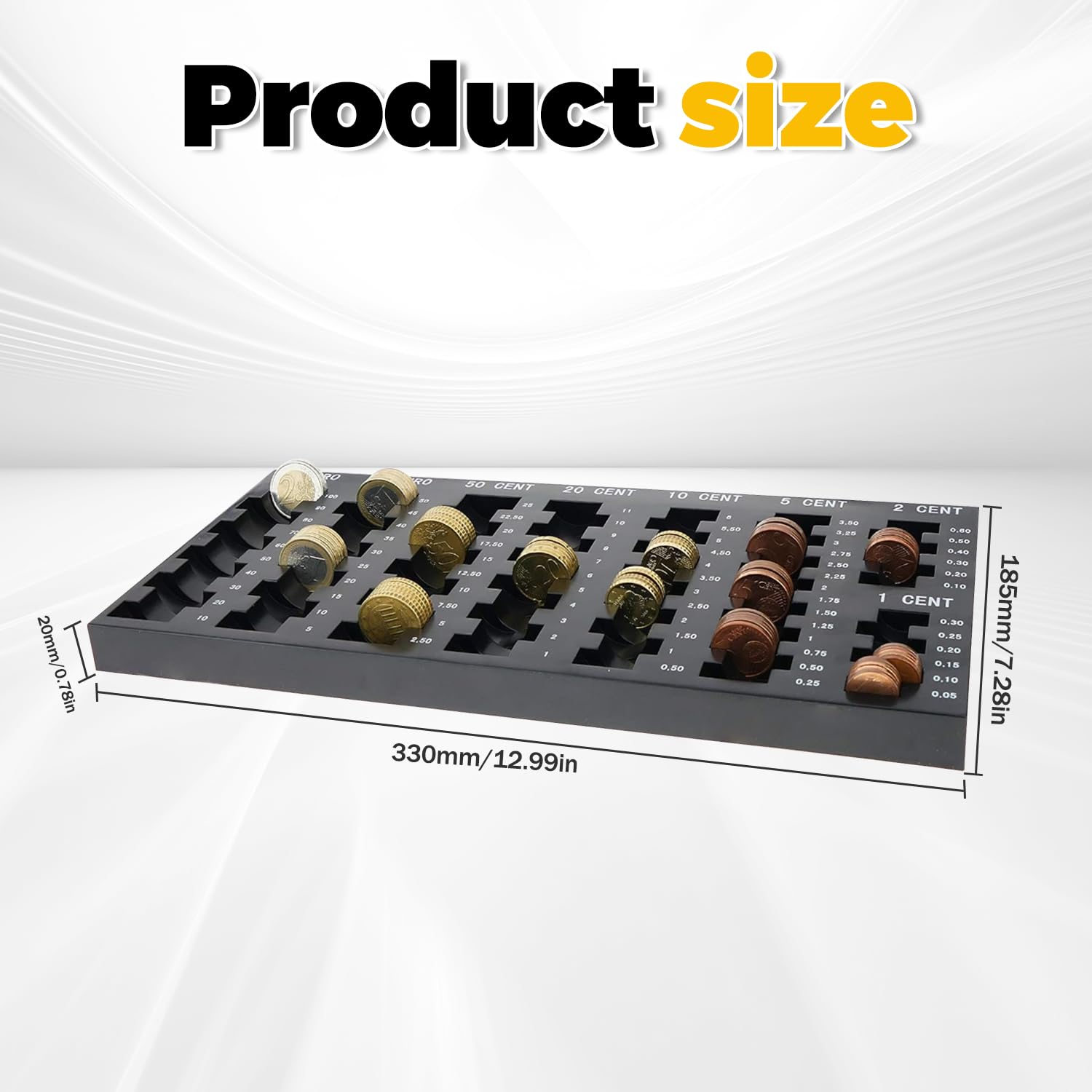 Clasificador de Monedas con 8 Compartimentos para Euros y Céntimos, Organizador Negro 33 x 18.5 x 2 cm
