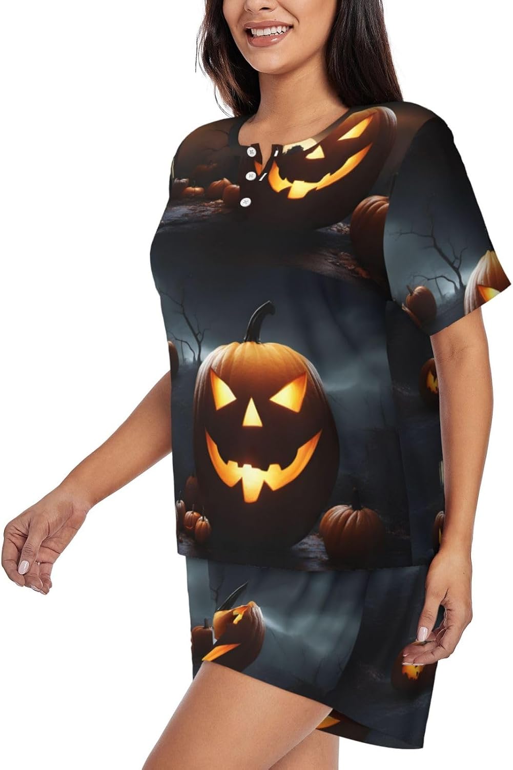 Halloween Pumpkin Print Short Sleeve Pajama Set,Soft Comfy Pjs For Women,Perfect For Sleep And Loungewear
