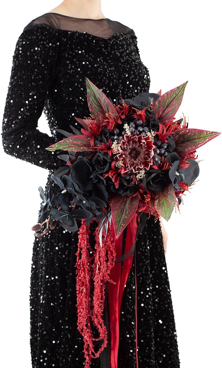 12 Inch Cascade Wedding Bouquets for Bride, Black & Burgundy Cascading Bridal Bouquet for Wedding Silk Artificial Flowers - Image 3