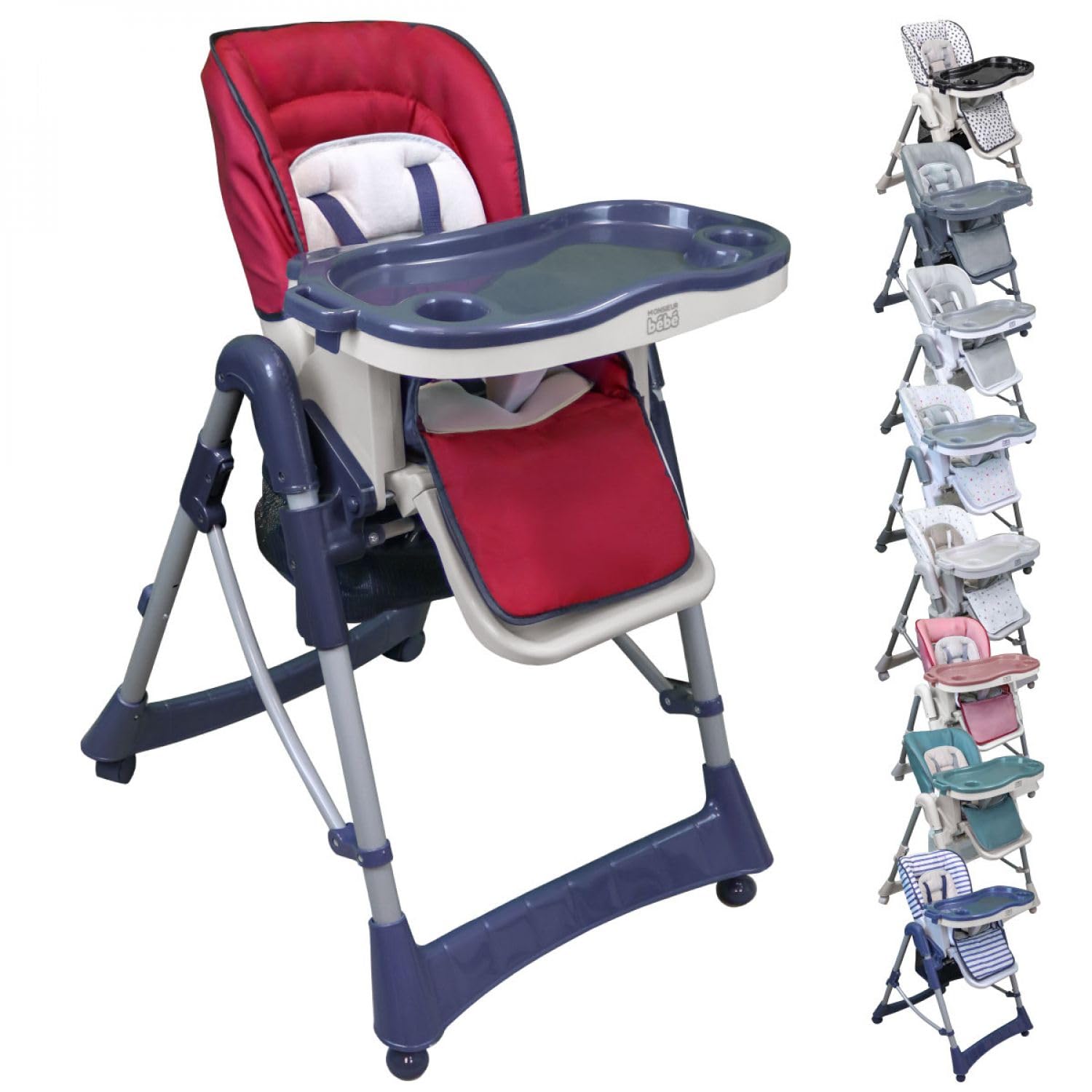 Monsieur Bébé - Chaise haute enfant pliable, réglable hauteur, dossier et tablette - Plusieurs coloris