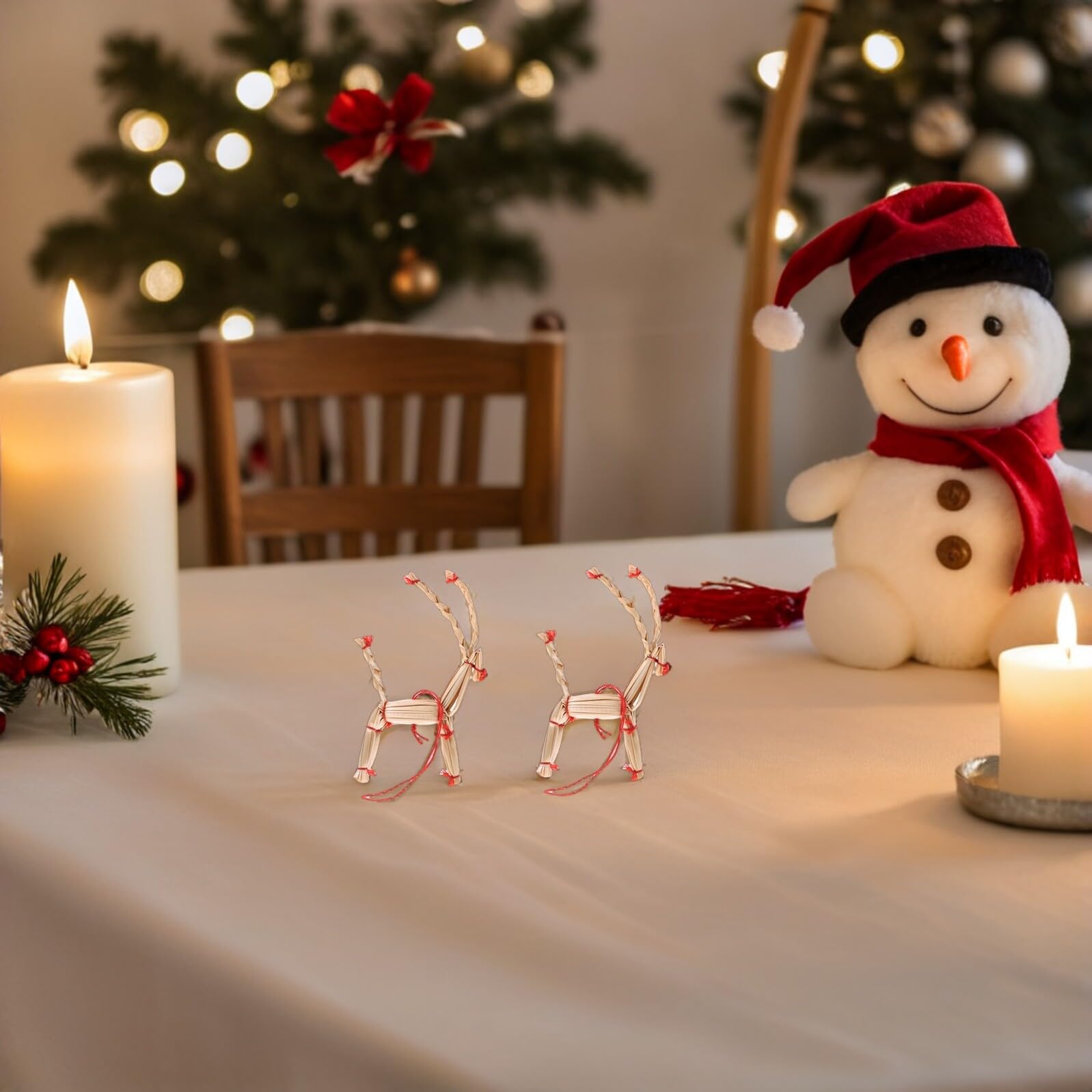 Lot de 12 Décorations Rustiques de Noël en Paille Naturelle – Ornements Suspendus de Rennes – Décorations Scandinaves pour Sapin de Noël – Ambiance Champêtre et Festive