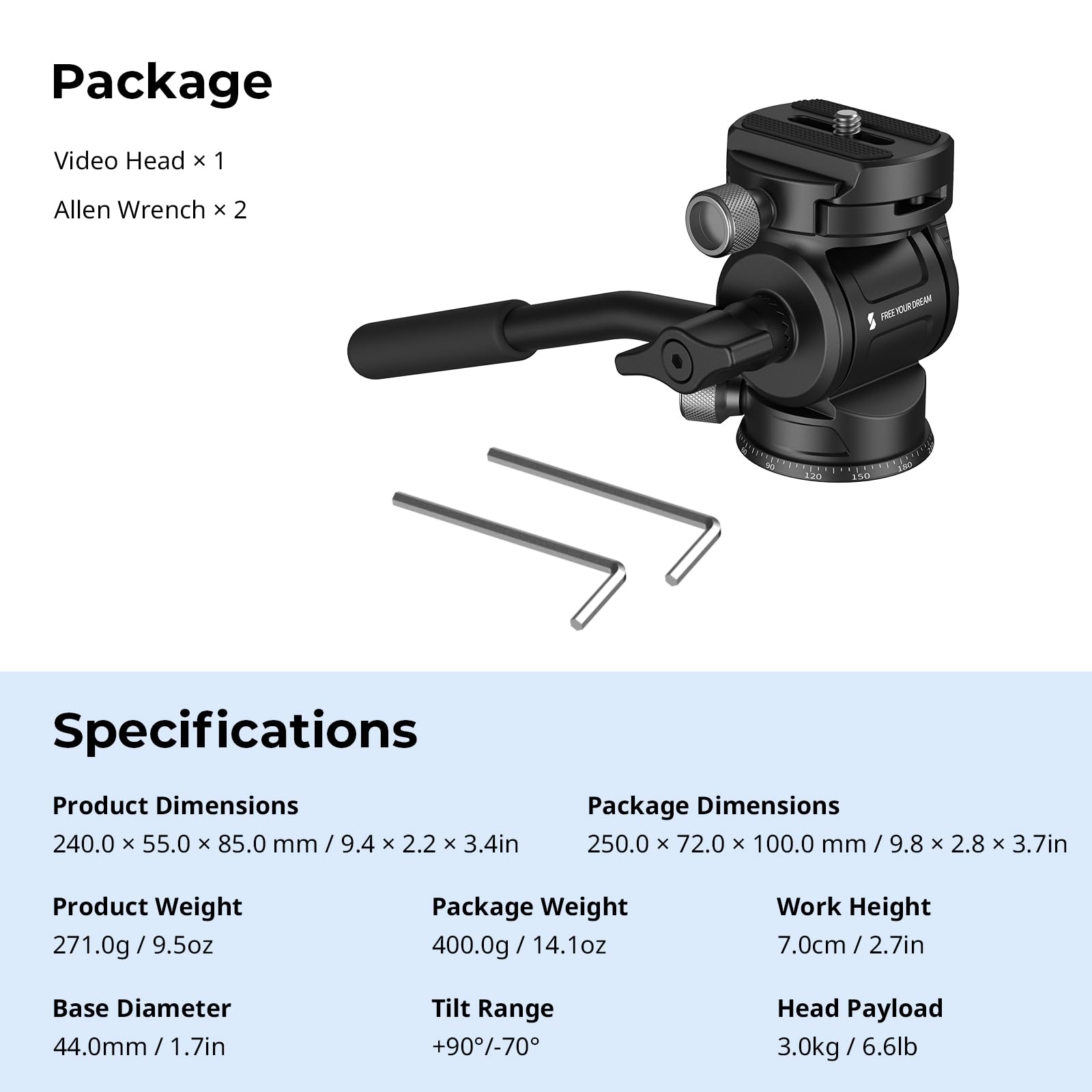 SMALLRIG Głowica wideo CH3, głowica płynna statywu Pan Tilt Head z płytką szybkiego zwalniania do Arca Swiss, obsługuje obrót 360° i pochylenie 90° / -70°, maks. obciążenie 3 kg / 6,6 funta - 4936