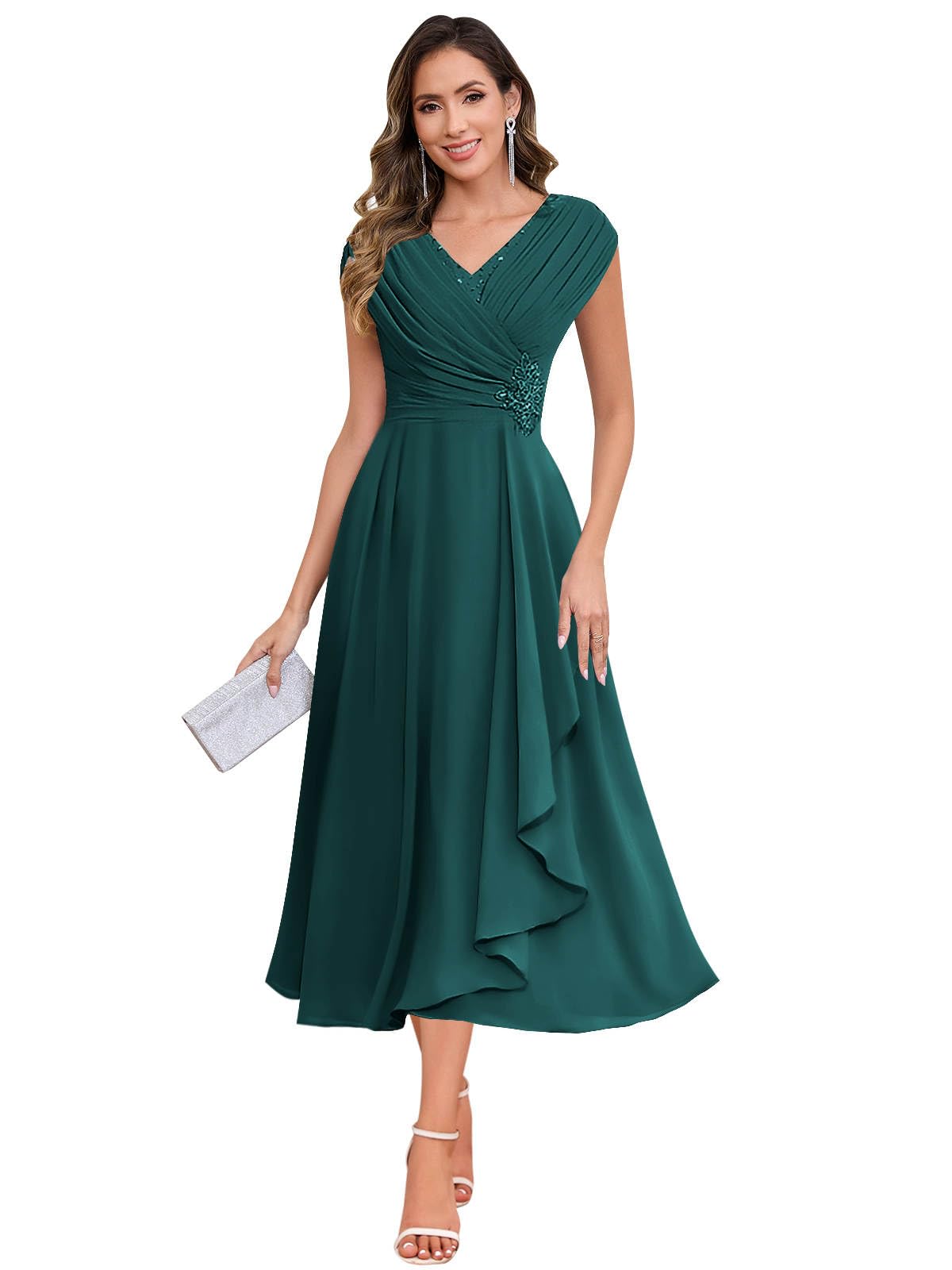 SOLODISH Mother of the Bride Dresses for Wedding Tea Length Chiffon A Line Formal Wedding Guest Party Gown