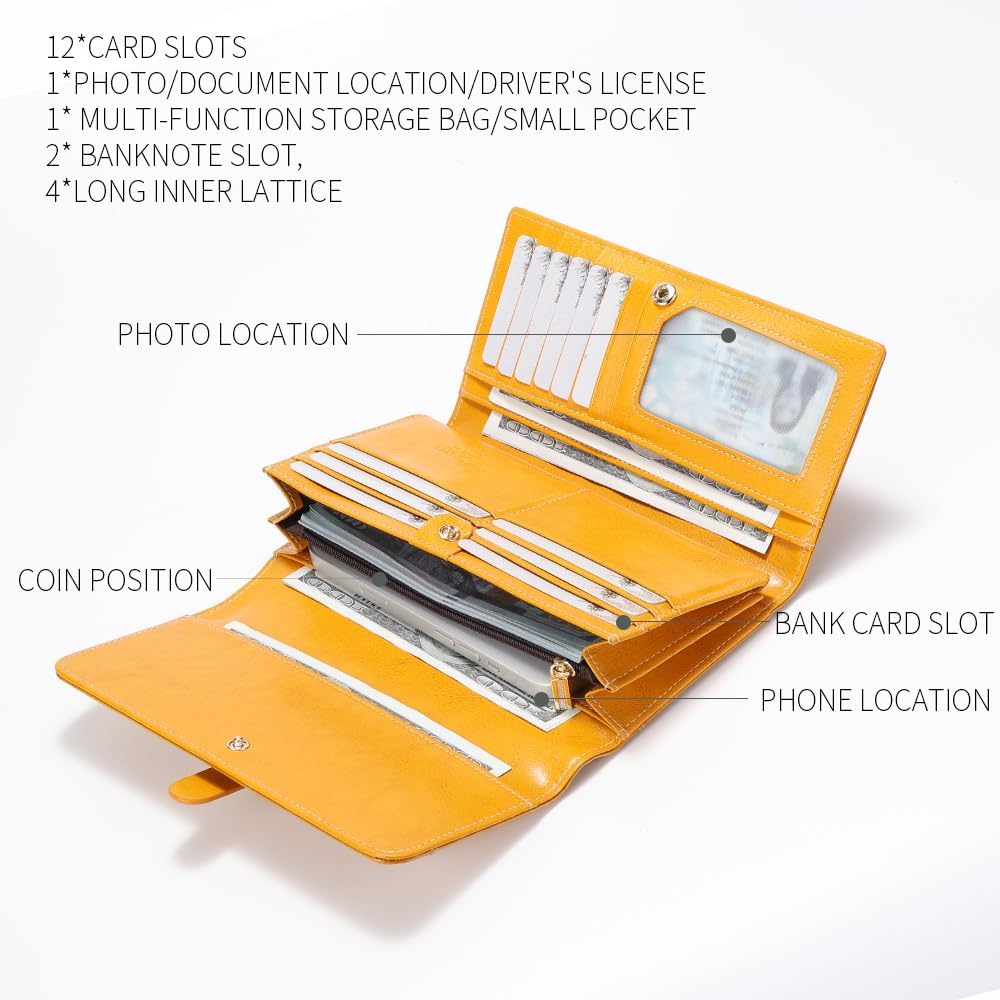 Women's Large Capacity Wallet Genuine Leather with RFID Protection Coin Pocket and Multiple Card Slots Red (Yellow)