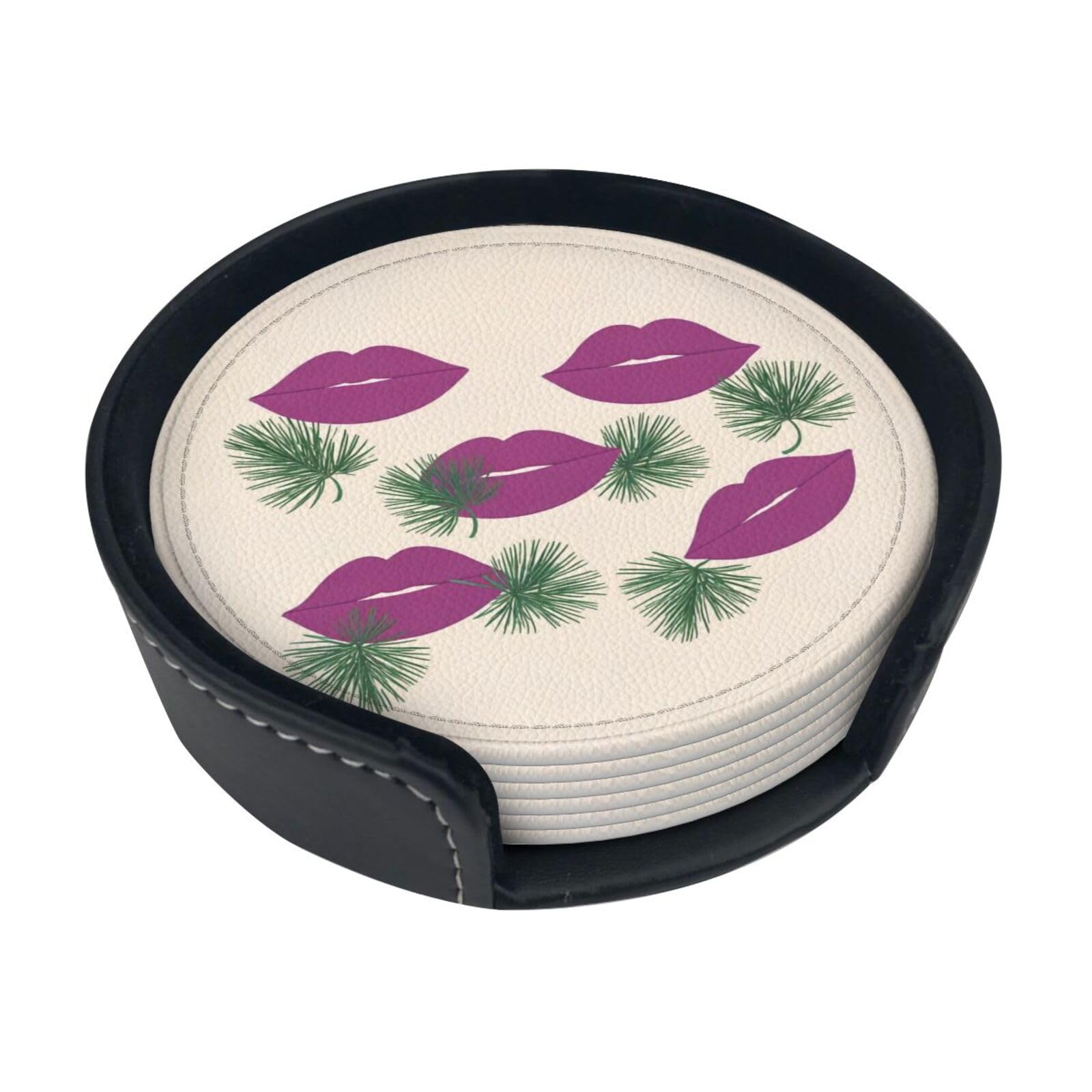 Lip Leaf Leather Coasters-Set of 6 with Storage Holder