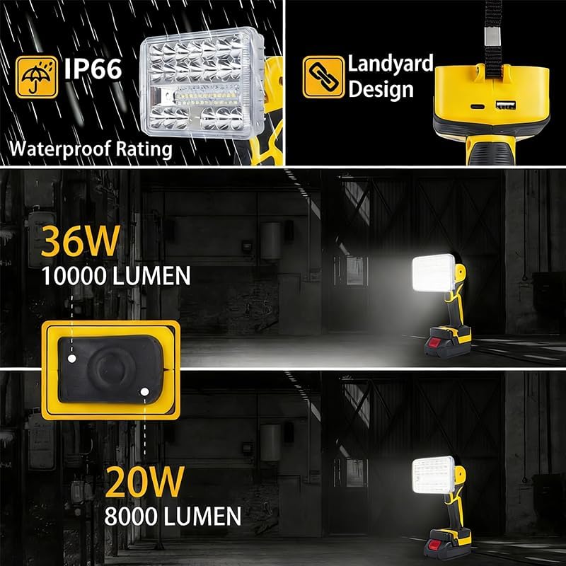 Cordless LED Work Light Compatible with DeWalt 20V Battery, Portable Flashlight Lamp with Charging Phone for Auto Repair, Outdoor, Construction Job Sites & Emergency Use (Bare Tool Only)