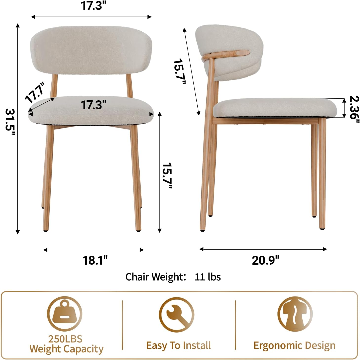 Morden Dining Chairs Set of 4, Upholstered Fabric Kitchen Side Chairs with Light Walnut Metal Legs, Indoor Dining Room Chairs for Patio, Dining Room, Backyard Heat Resistant (Only 4 Chairs)