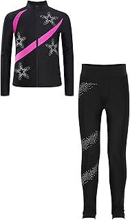 Traje de patinaje artístico para niñas, chaqueta de diamantes de imitación y leggings con bloque de colores para niños, traje de baile para patinaje sobre hielo, conjunto de ropa deportiva