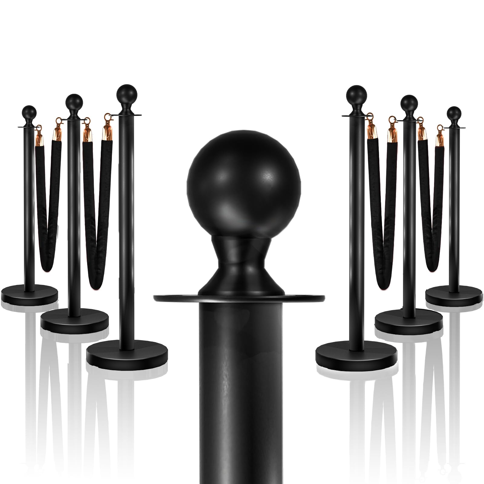 6PCS Black Stanchions Posts with 4PCS 5 ft Black Velvet Rope, Black Velvet Rope Stanchion Set Crowd Control Barriers, Stanchions and Velvet Ropes Red Carpet Poles for Party Supplies