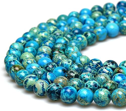 Miniatura 6 de JarTc Piedra natural, 6 colores, sedimentos marinos, jaspe imperial, cuentas sueltas redondas para hacer joyas (0.49 pulgadas, azul claro)