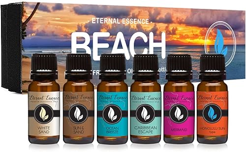 Beach - Juego de 6 aceites aromáticos de primera calidad, arena blanca, brisa del océano, sol de Honolulu, sirena, escape del Caribe y sol y arena,