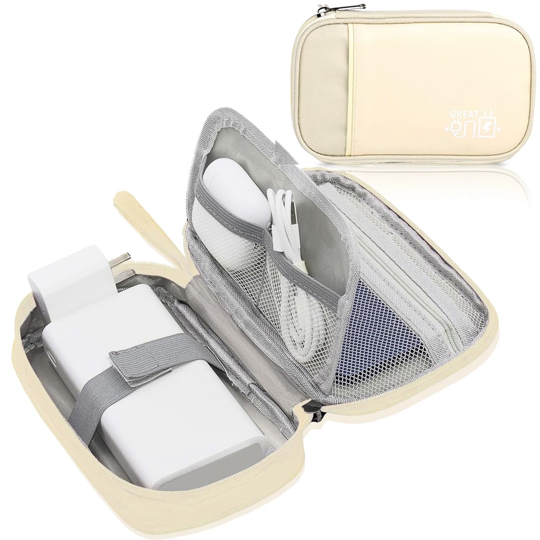 ™ Pu Leather Electronic Gadgets Organizer Bag for Travel/Portable Waterproof All-in-One Storage Case for Cable, Cord, Charger, Phone, Hard Drive and More - Small (Begie)-image-7