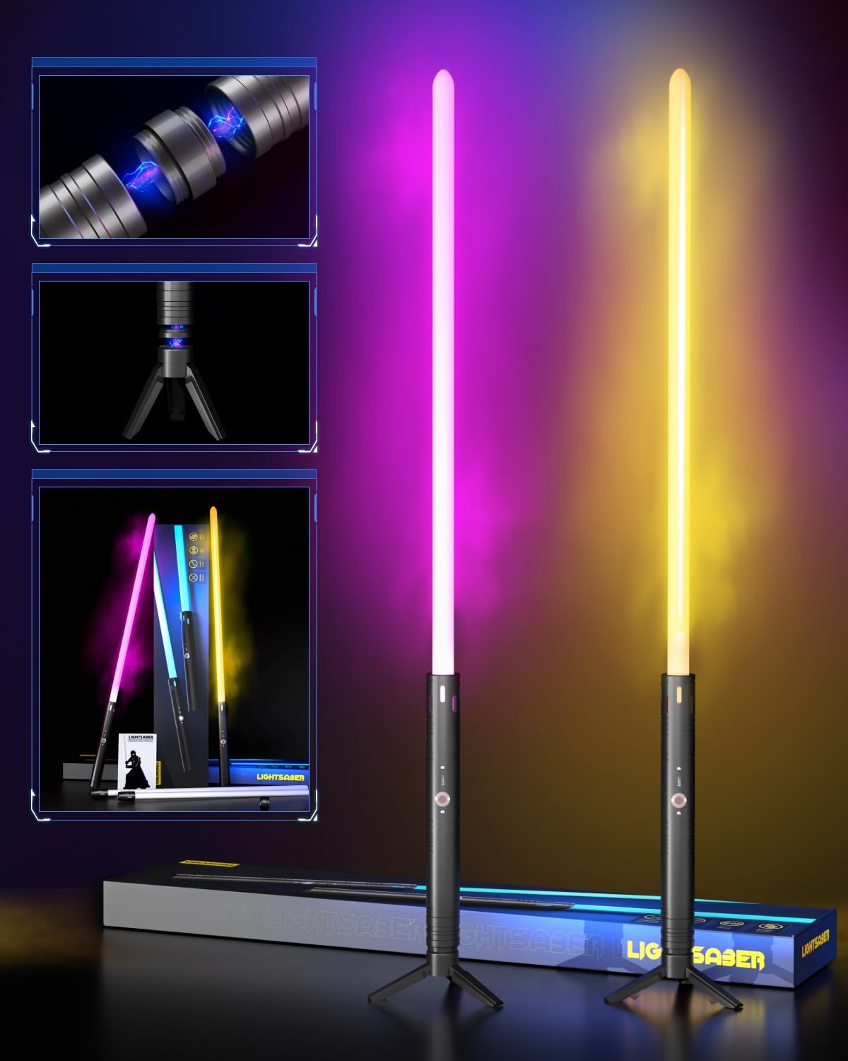 Dueling Lightsaber Toy Set with 2 Display Stands Realistic 20 Color 2-in-1 Detachable Light Saber with 4 Sound Modes, USB-C Rechargeable Blade - LED Sword for Kids & Adults Accessories