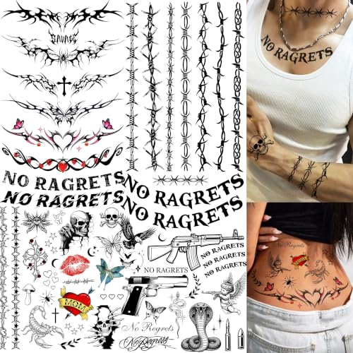 Image of 4 Sheets Y2K Barbed Wire Temporary Tattoos For Men Women Adults White Trash Bash Party Favors, Realistic NO RAGRETS Tramp Stamp Fake Thorns Tattoos Halloween Costume Heart Skull Tattoos Neck Stickers