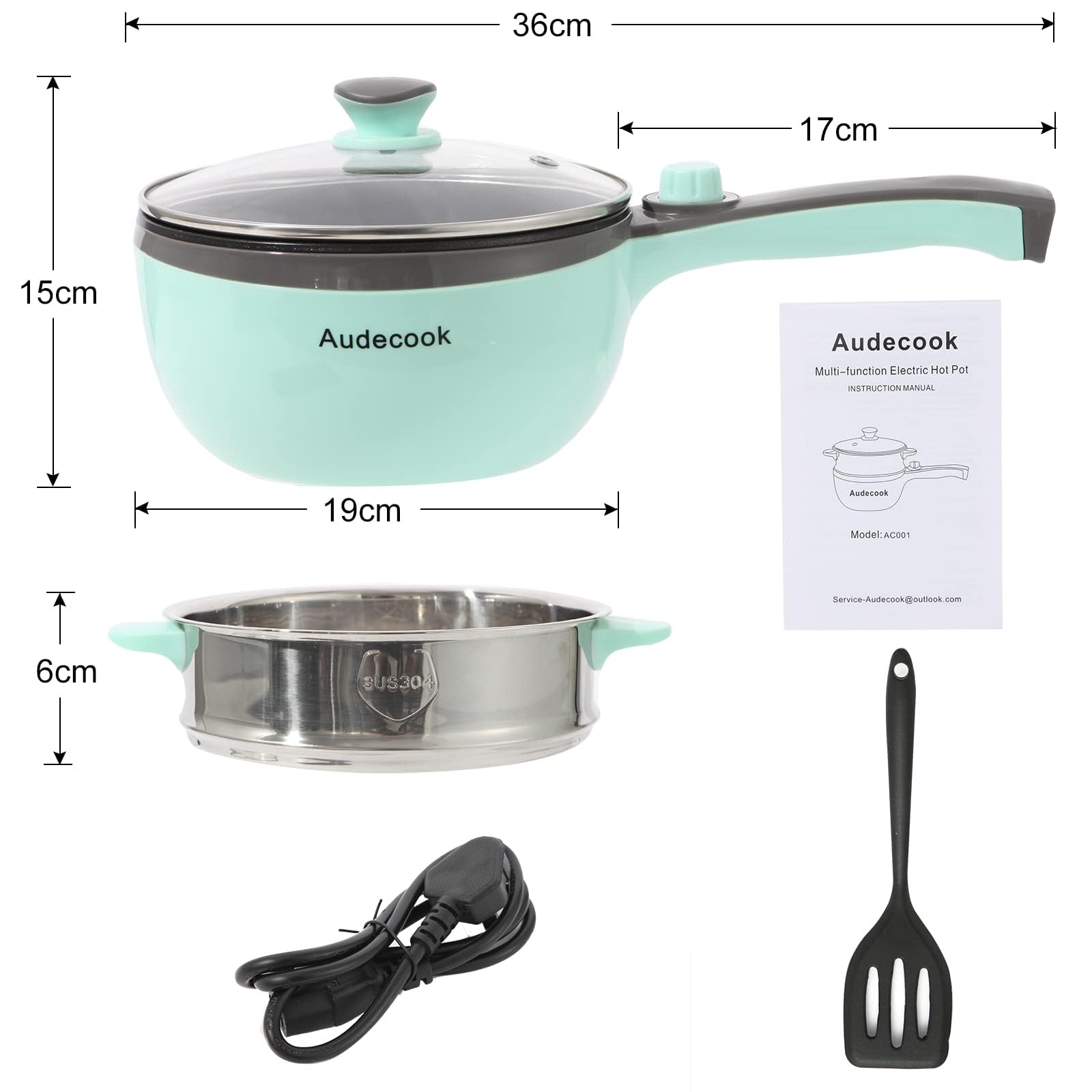 Audecook Elektrische Hot Pot mit Dampfgarer, 1,5 L/20cm Elektrischer Bratpfanne Hotpot Topf Antihaft Mini Elektropfanne, Multikocher für Wohnheim Ramen, Steak (A (grün/1,5 l mit Dampfgarer))