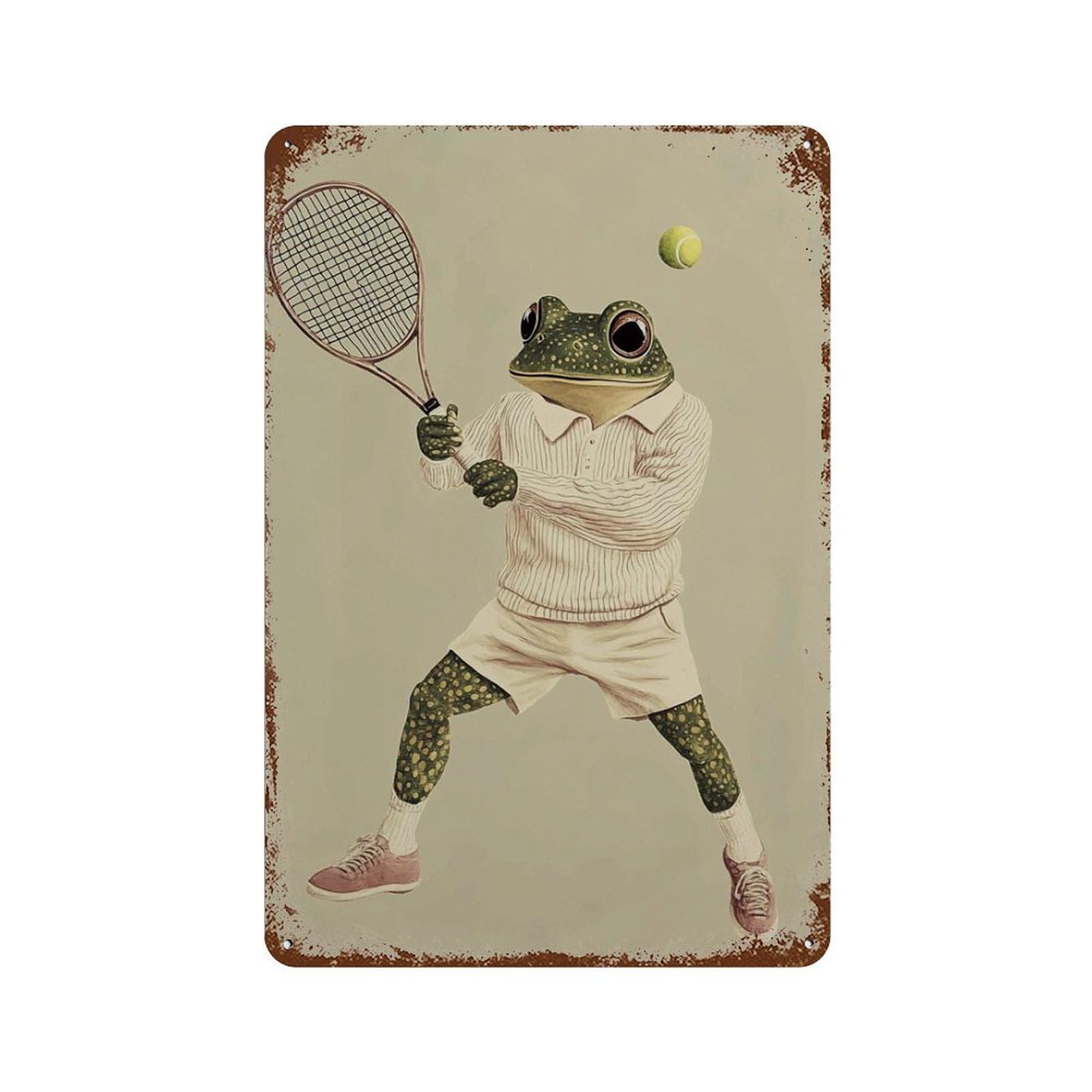xiaoxiaoshen Funny Frog Tennis Whimsical Amphibian in Sportswear Animal Playing Quirky Sports Wall Decor Art Metal Tin Poster Modern Home Decor Art Home Bar Shop Decorations Vintage Sign 30x20cm