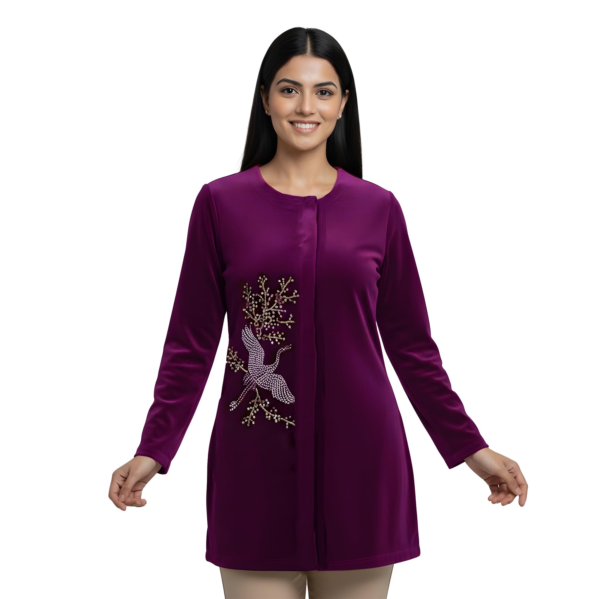 first resort Magenta Swan Motif Hand Embellished Velvet Jacket-picture-39