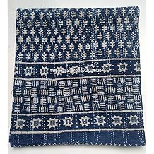 بلو إنديجو طباعة قطن يدوي مصنوع يدويًا بطانية مبطنة بطانية هندية Cottodspread Kantha Indigo Print Beork Bohemian Bed Decor Block Throw Blanket Twin / King / Queen Twin 60X90 inch