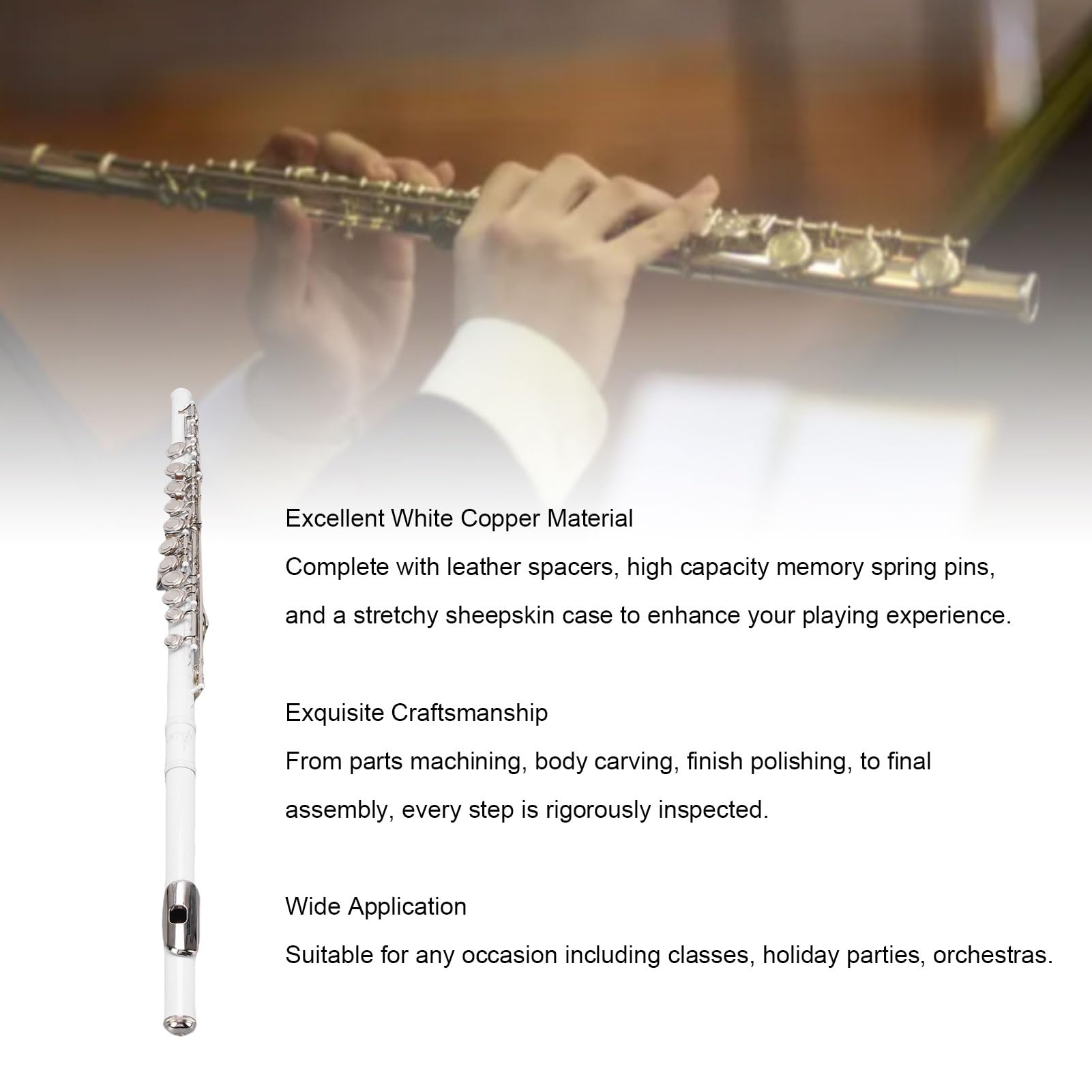 Luocute Instrumento de Flauta Estudiantil, Piccolo Flute White Copper 16 Keys Ergonómico G Compensación de Llave C Flauta para Adultos y Principiantes