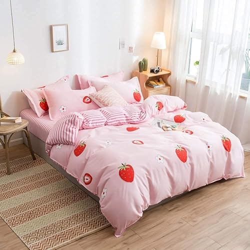 Kawaii - Juego de ropa de cama color rosa fresa juego de funda de edredón reversible infantil para niñas decoración estilo Kawaii para la recámara
